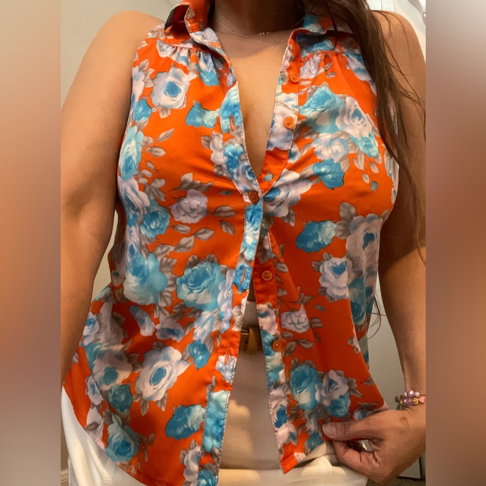 M Floral Orange and Blue Women's Button Up Back Cut Out Top